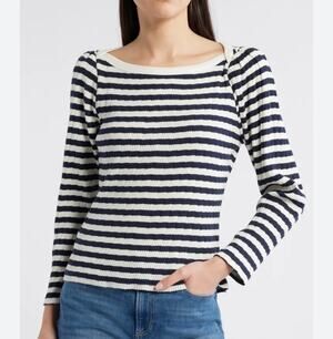 Nation LTD Amelie Stripe Envelope Neck Long Sleeve Black White Top Sz Med